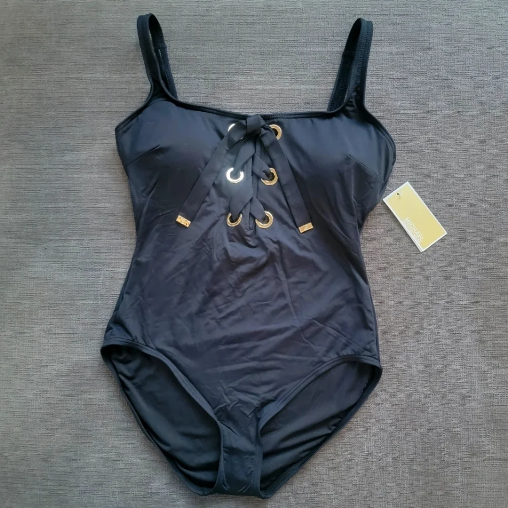 Michael Kors Women's Black Lace Up Gold Grommets One Piece Swimsuit Size 8 - Picture 1 of 13
